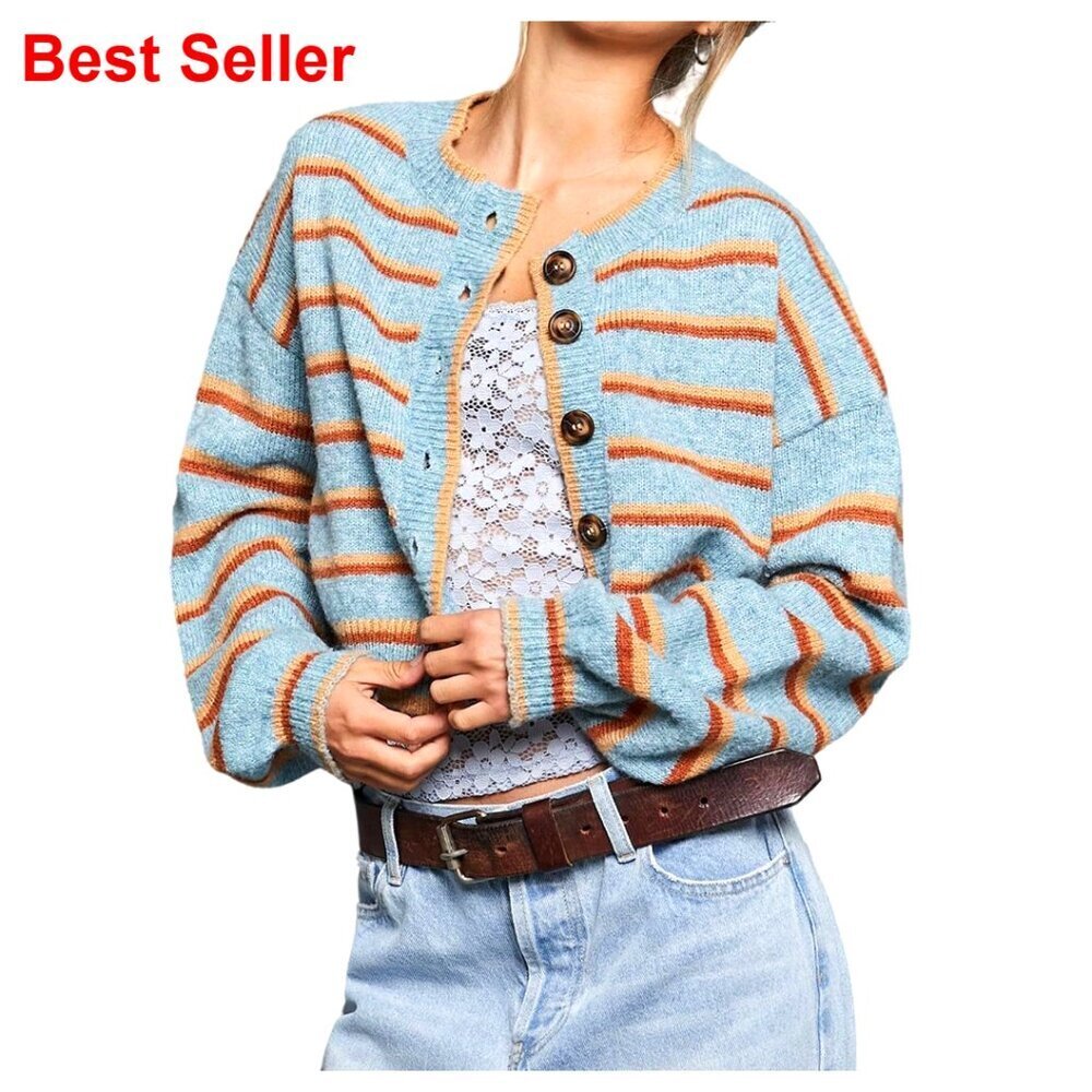 Striped Cropped Cardigan Sweater, Long Sleeve Button Up, Soft Knit